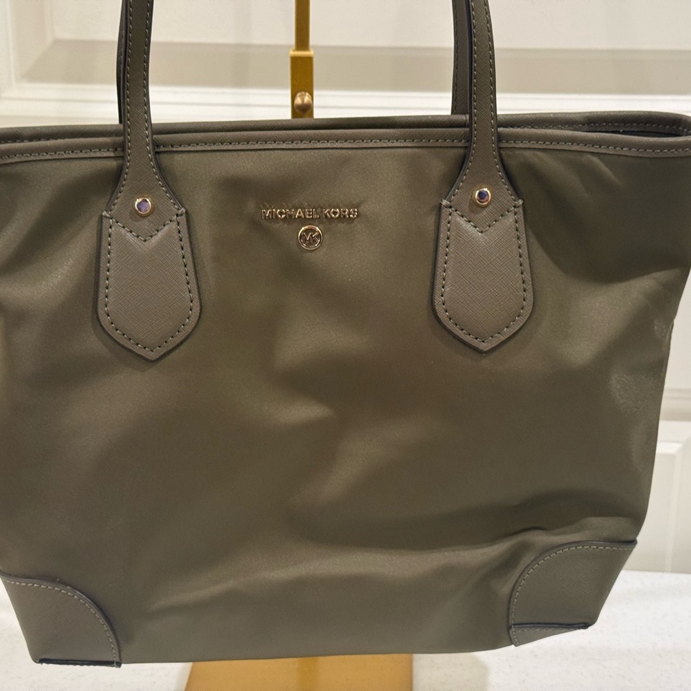 NEW Michael Kors Olive Nylon Eva Tote with Leather Trim ~ 14” L x 4.5” W x 10” H - Picture 6 of 11
